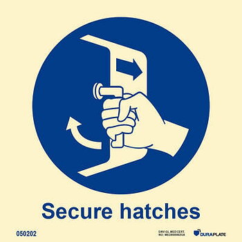 IMO-skylt "Secure hatches" - IMPA 33.5101