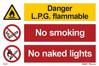 Kombinationsskylt "Danger L.P.G. flammable, no smoking, no naked lights"