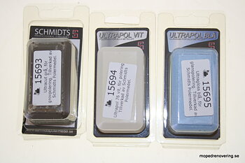 Packung mit 3 Polituren, Ultracut grau, Gloss blau und Ultrapol 76. Hergestellt von Schmidts Polermedel