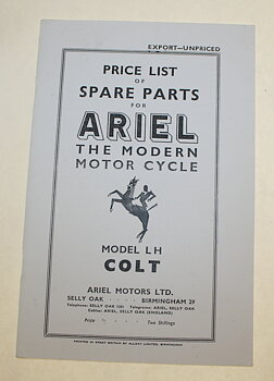 Prisliste Ariel Colt med eksplosionsskitse 1954-udgave