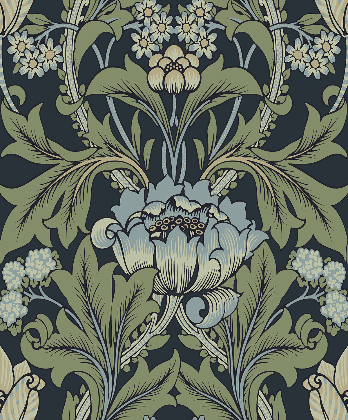 Primrose Floral (Midnight Blue & Sage) - Självhäftande Tapet - NW44412