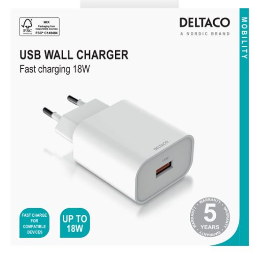 DELTACO Mobilladdare snabb laddare 18W
