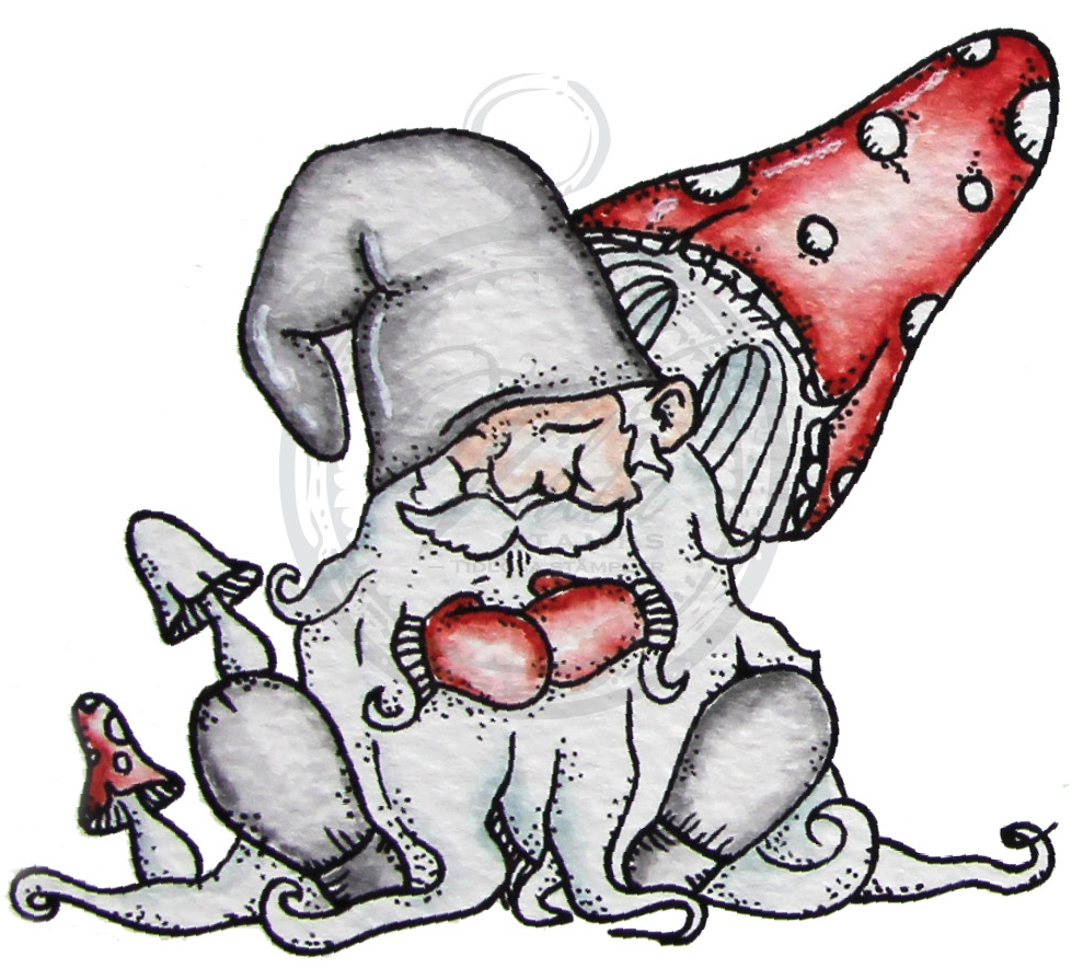Sleeping gnome among mushrooms