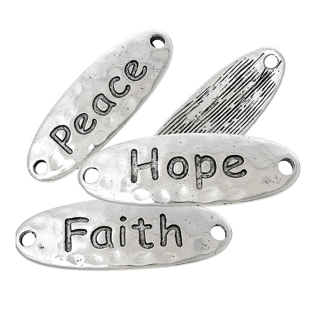 Connector – antiksilverfärgad bricka med texten "peace hope faith", 3 st