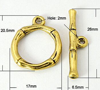 Togglelås bambu 17 mm guldfärgad metall 3-pack