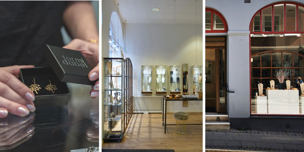 Formidabel smyckesbutik i Lund med presentask, ljus butiksmiljö och skyltfönster med handplockade smycken.