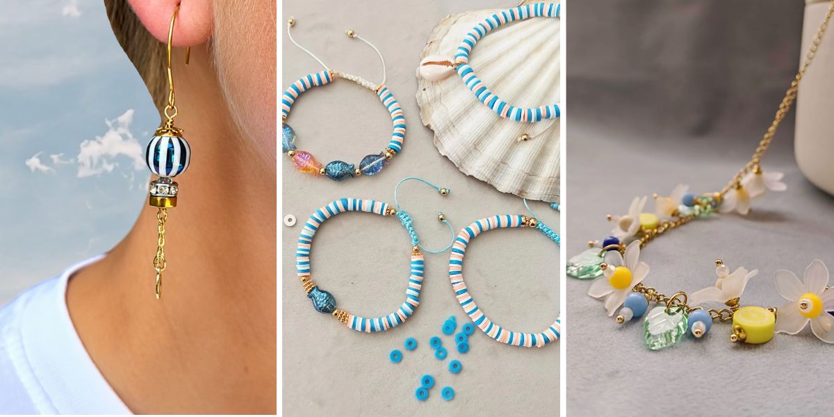 Somrig inspirationsbanner med luftballongörhänge, heishi-armband med snäcka och pärlor samt färgglatt halsband med blomdetaljer.