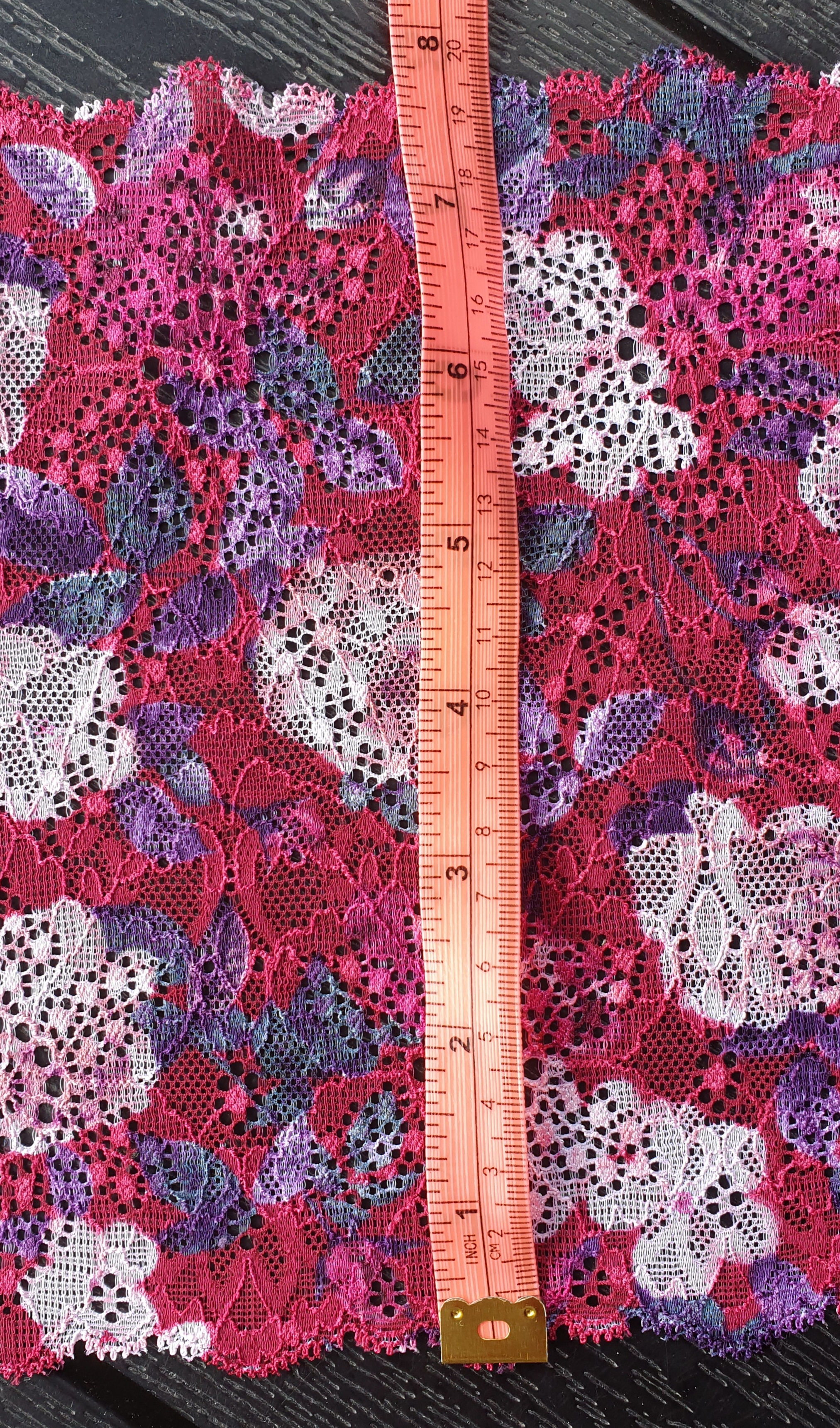 Raspberryred stretch lace with happy coloured  flowers - 20 cm - 4