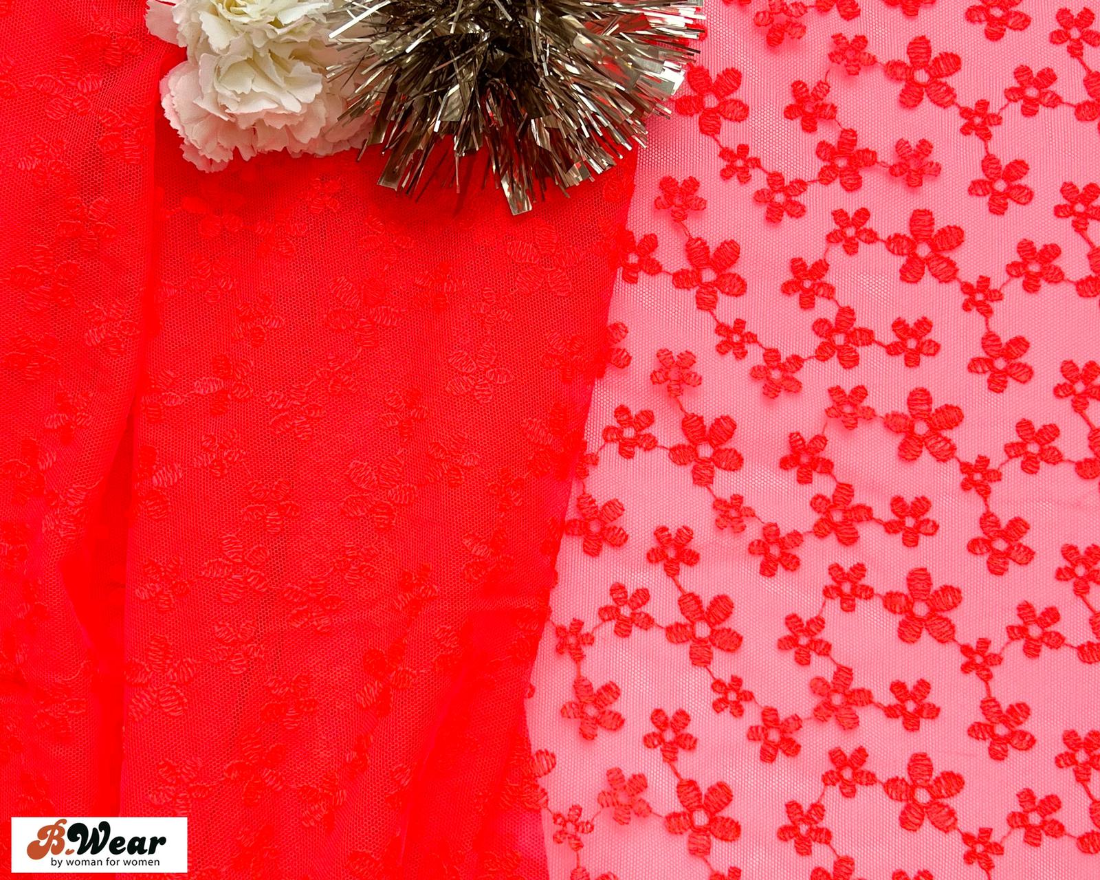 Fluorescent Orange Mesh Tulle lace with Daisy embroidery