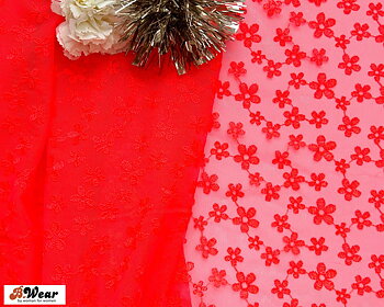 Fluorocerande Orange Mesh tull spets med vackra broderade blommor