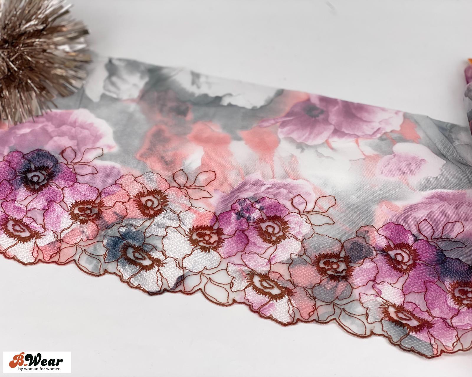 Colourful mesh lace with embroidered  flowers 