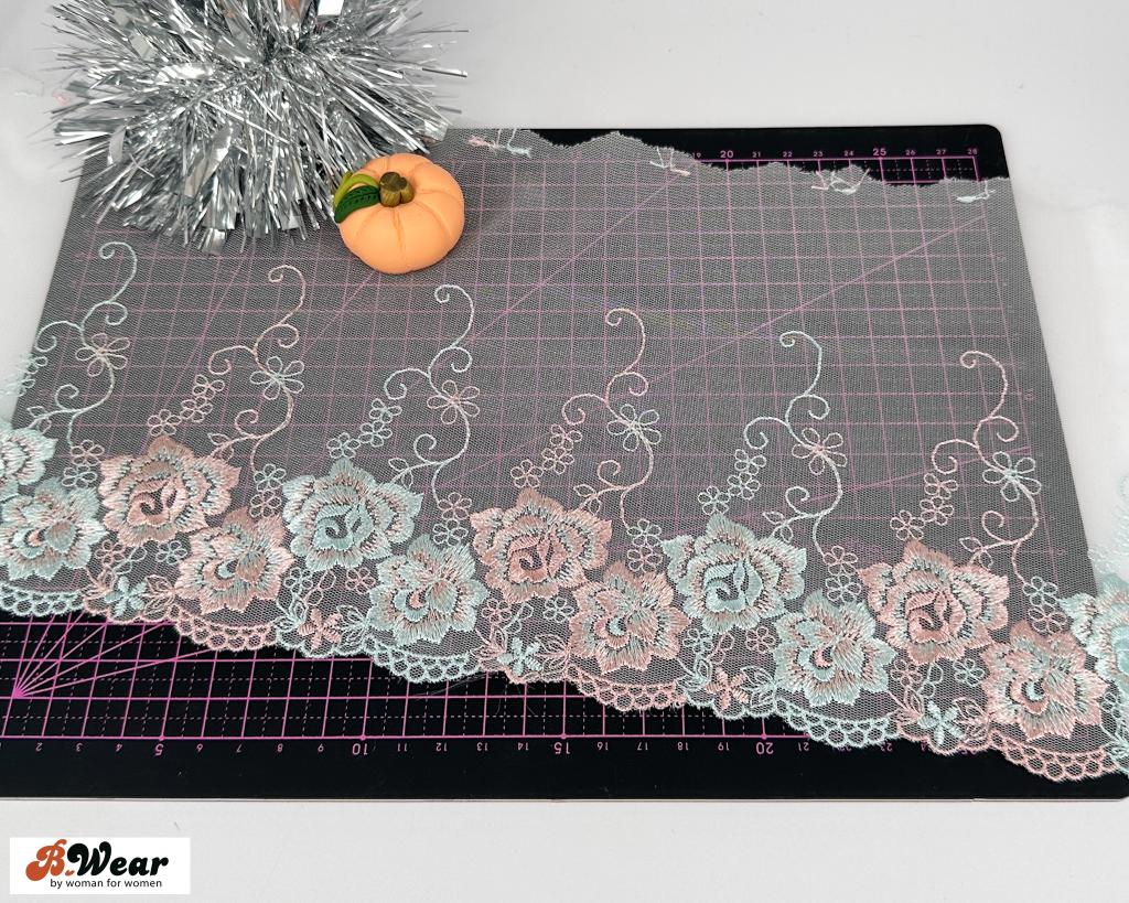 White mesh lace with flowers in blueturquoise & copperpink- 18 cm - 4