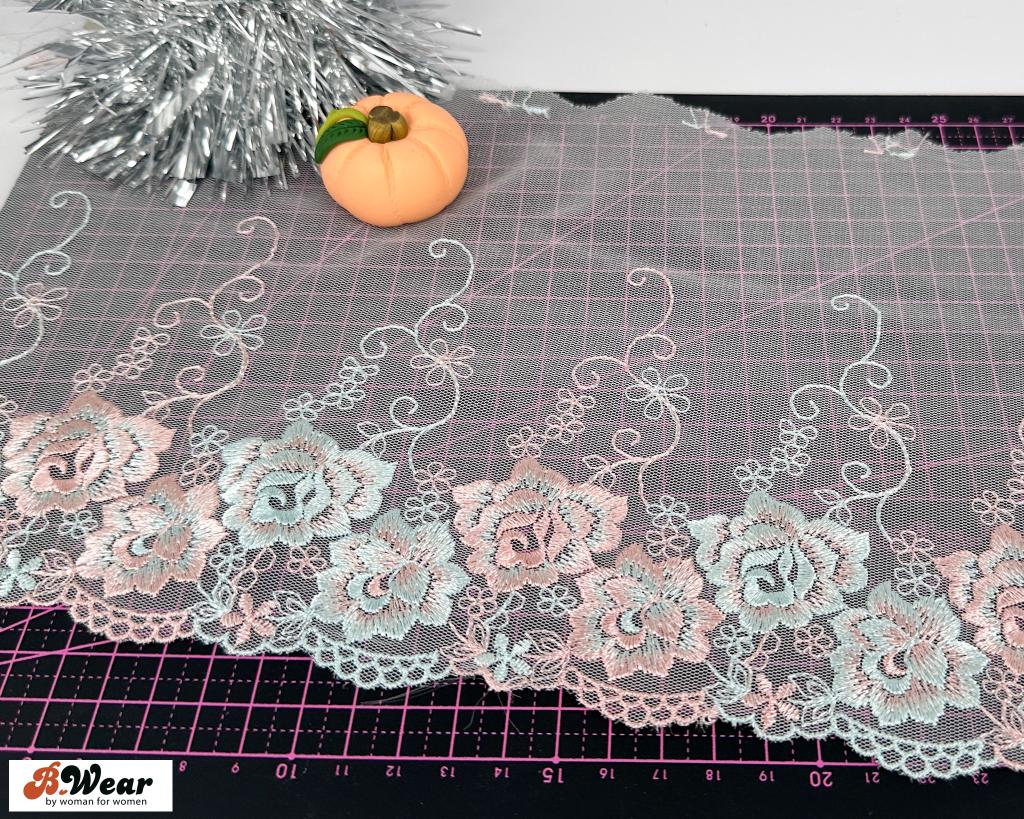 White mesh lace with flowers in blueturquoise & copperpink- 18 cm - 3