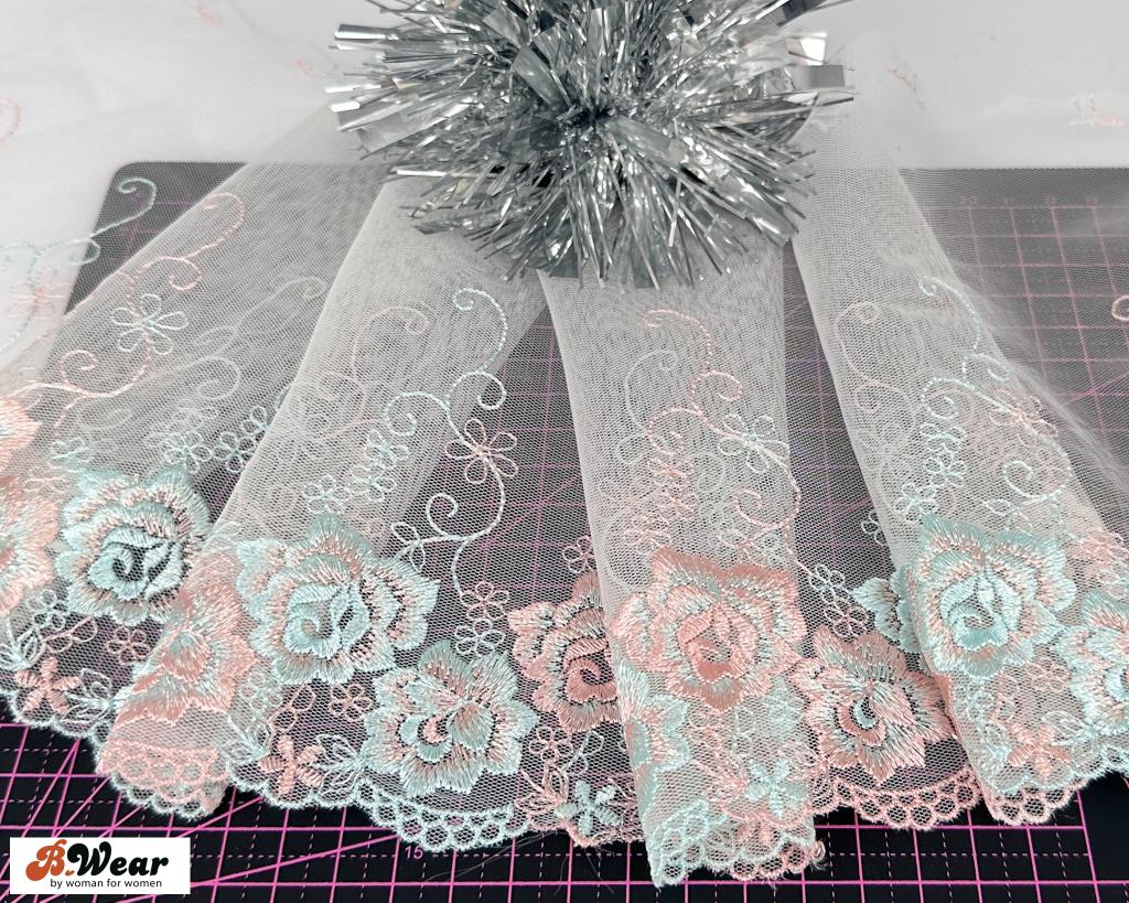 White mesh lace with flowers in blueturquoise & copperpink- 18 cm - 2