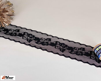 60 mm stretch lace - Black with roses