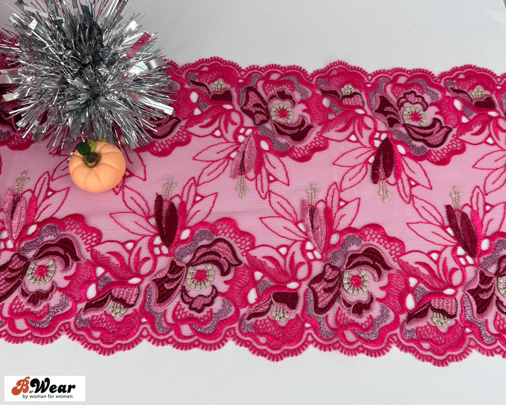 Cerise stum spets med 3D blommor - 23 cm - 2