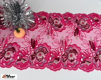 Cerise  Non-Stretch Lace  with 3D flowers - 23 cm