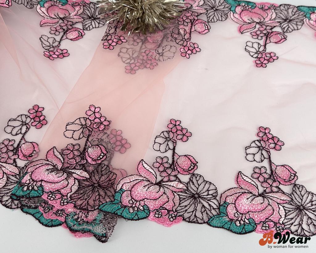 Stum broderad tyll spets med blommor i rosa - 32 cm - 2