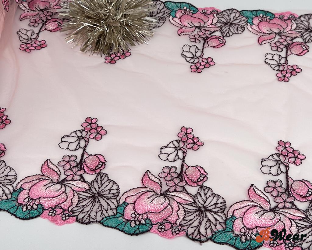 Stum broderad tyll spets med blommor i rosa - 32 cm