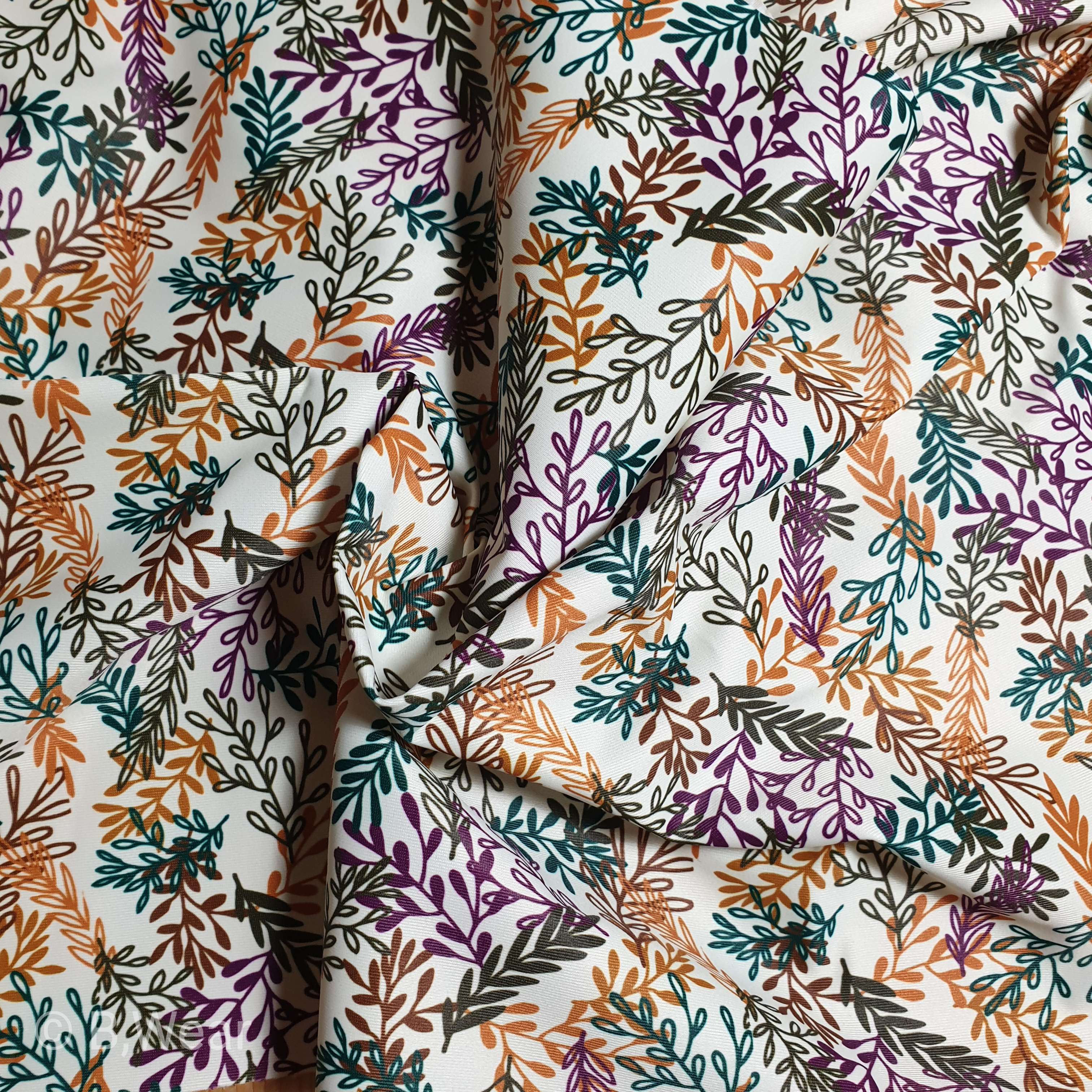 Lingerie Satin - White with colourful leafs - non-stretch 