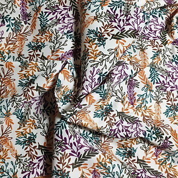 Lingerie Satin - White with colourful leafs - non-stretch 