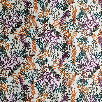 Lingerie Satin - White with colourful leafs - non-stretch 