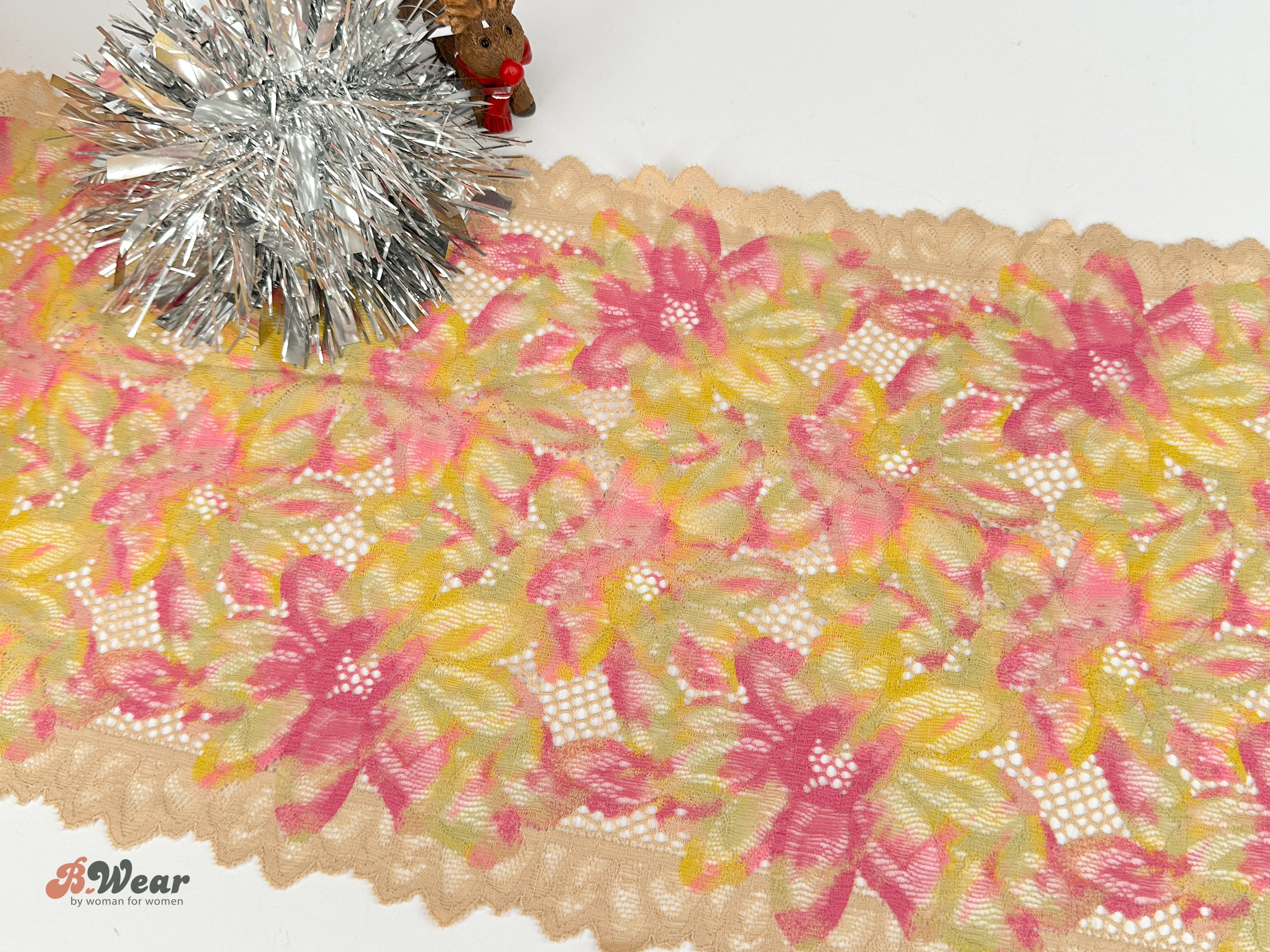 Stretch lace Beige with flowers in lovely colors - 23 cm - 2