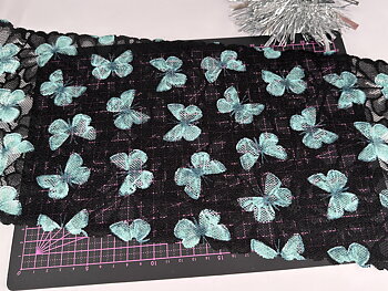 Black stretch lace with turquoise butterflies - 20 cm