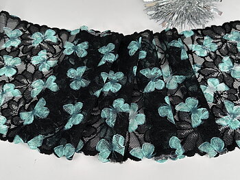 Black stretch lace with turquoise butterflies - 20 cm