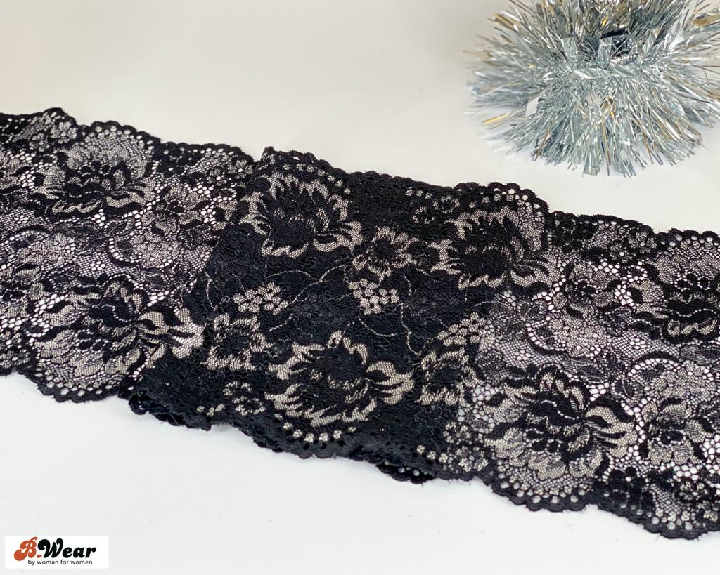 Black stretch lace with grey silver coloured flowers - 16 cm - 2