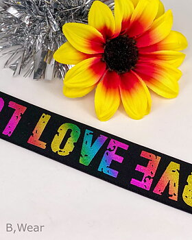 40 mm wide elastic - Black rainbow coloured LOVE 