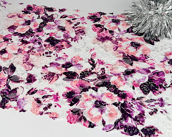 White stretch lace with floral pattern in pink & purple - 28 cm