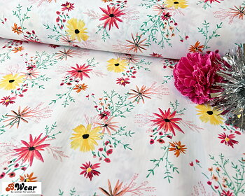 Lingerie Satin in white with beautiful red & yellow summer flowers