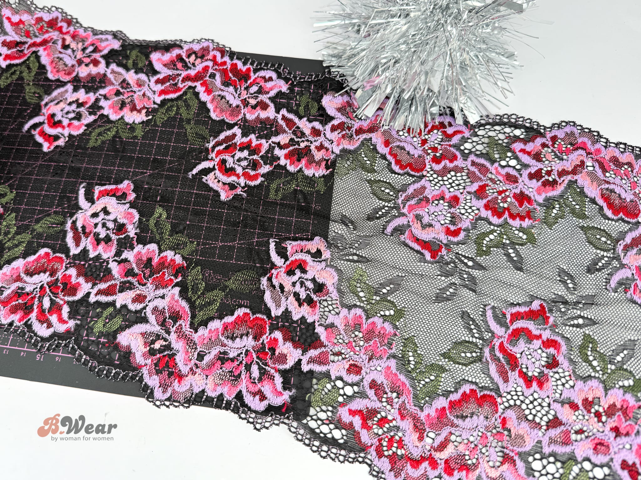 Lovely Black Stretch Lace with colorful flowers - 24 cm - 2