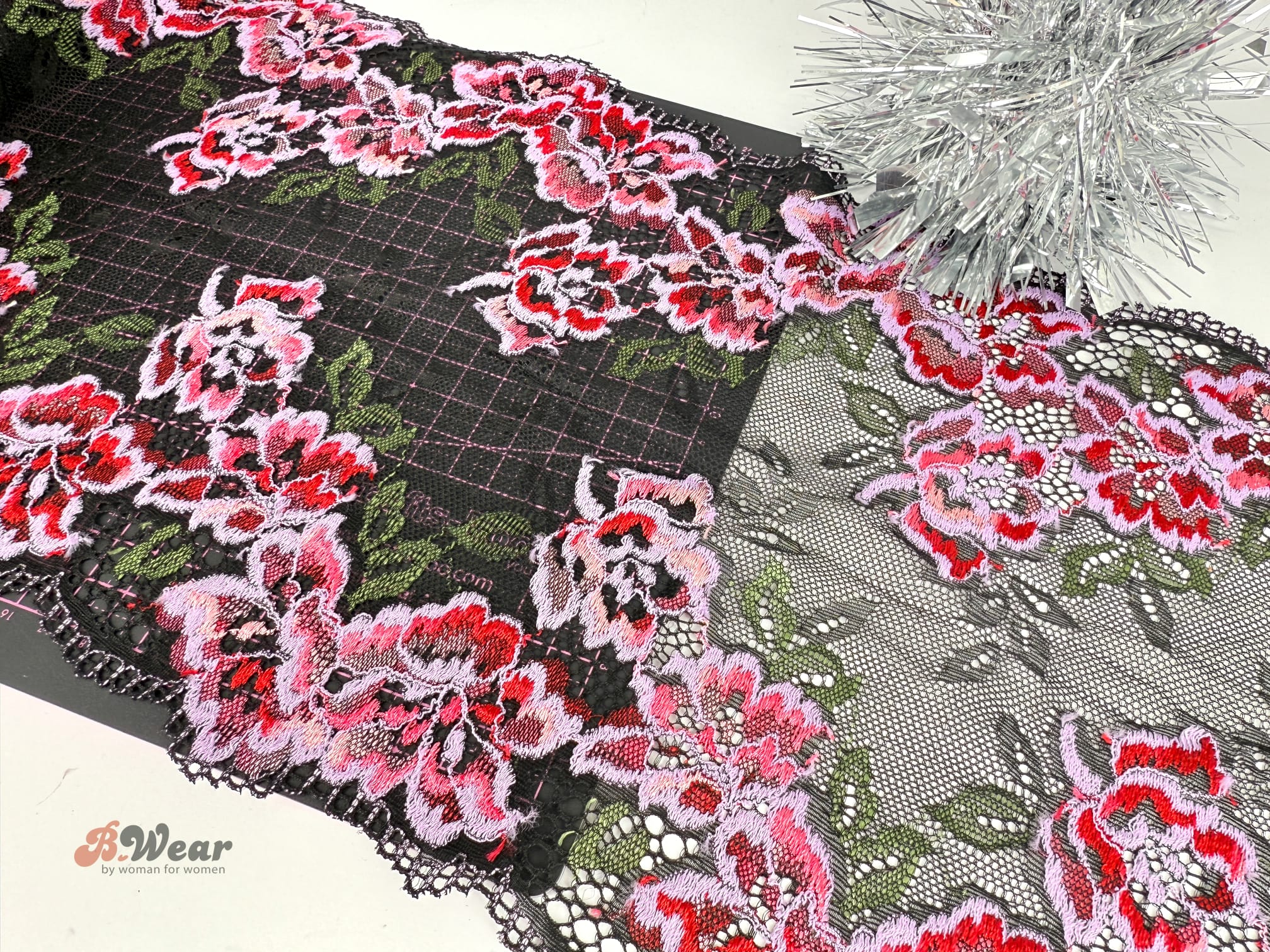 Lovely Black Stretch Lace with colorful flowers - 24 cm