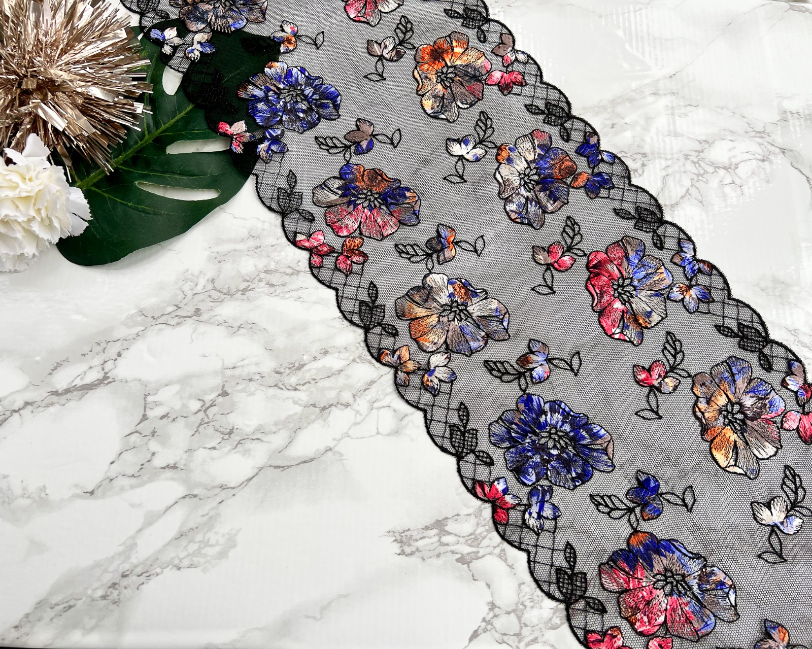Black with multicoloured flower embroidery - non stretch - 2