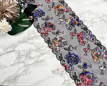 Black with multicoloured flower embroidery - non stretch