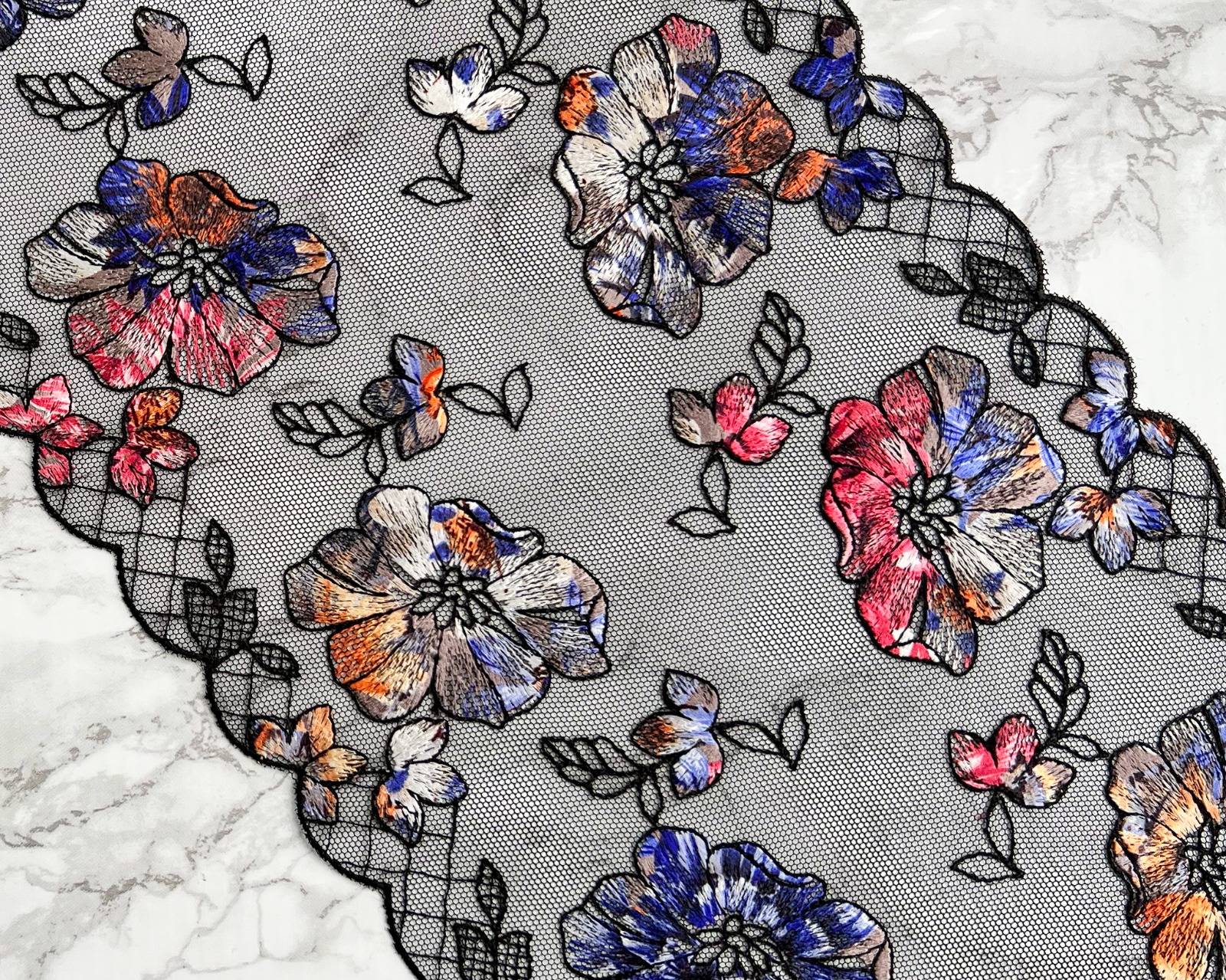 Black with multicoloured flower embroidery - non stretch