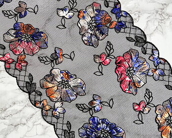Black with multicoloured flower embroidery - non stretch