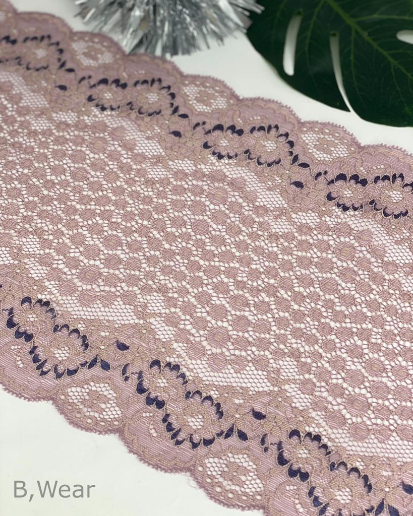 Stretch lace 22 cm - Old Pink with flowers in lavender - 2