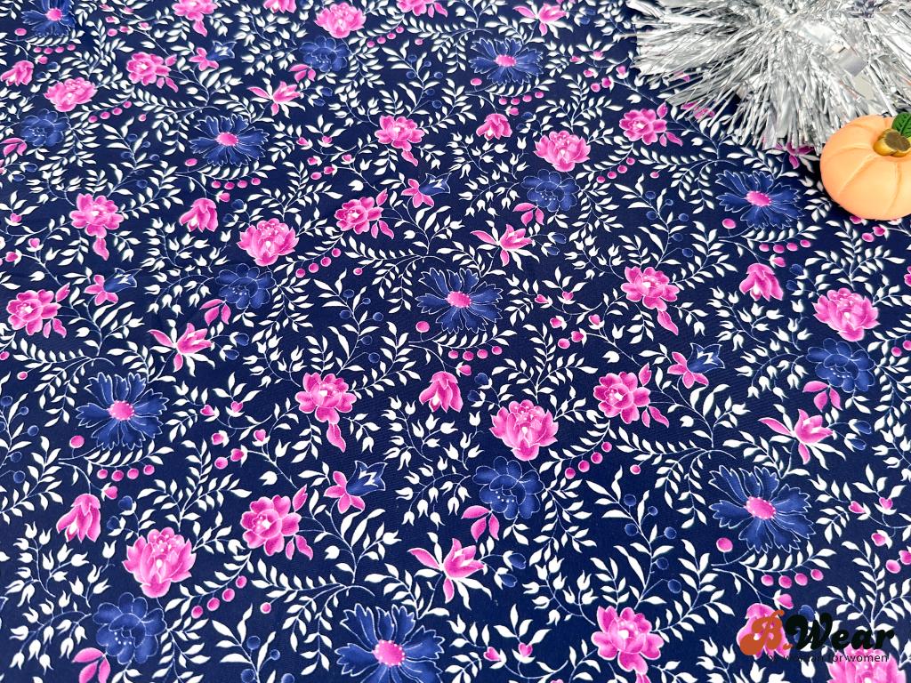 Dark blue with white, pink and blue flowers - swimwear fabric