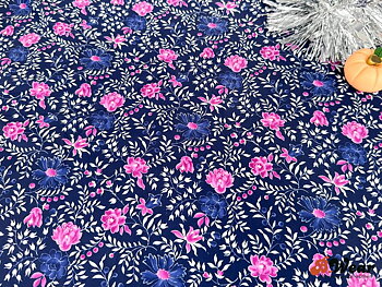 Dark blue with white, pink and blue flowers - swimwear fabric