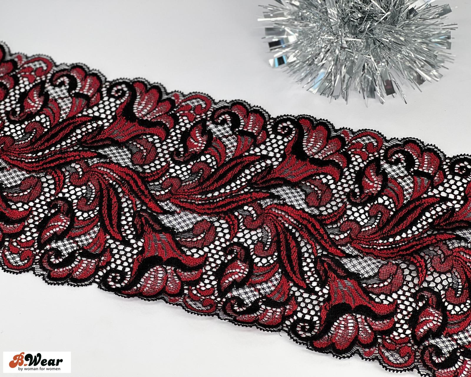 Stretch lace in black with darkred flowers