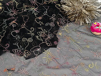 "Forever"  Stretch Tyll med med broderier - Svart, Silver & Gul 
