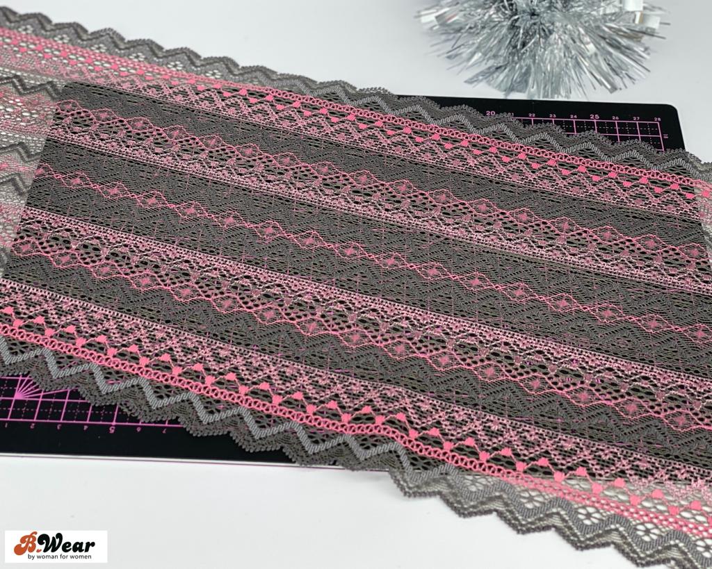 Darkgrey stretch lace with pink decorations - 23 cm