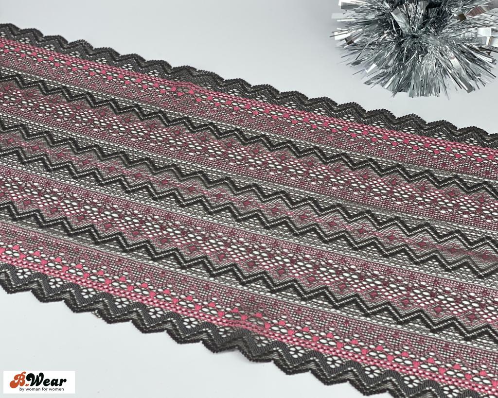 Darkgrey stretch lace with pink decorations - 23 cm - 2