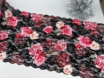 Black with red roses stretch lace - 28 cm