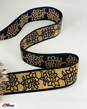 50 mm bred resår - Svart med guld blommor