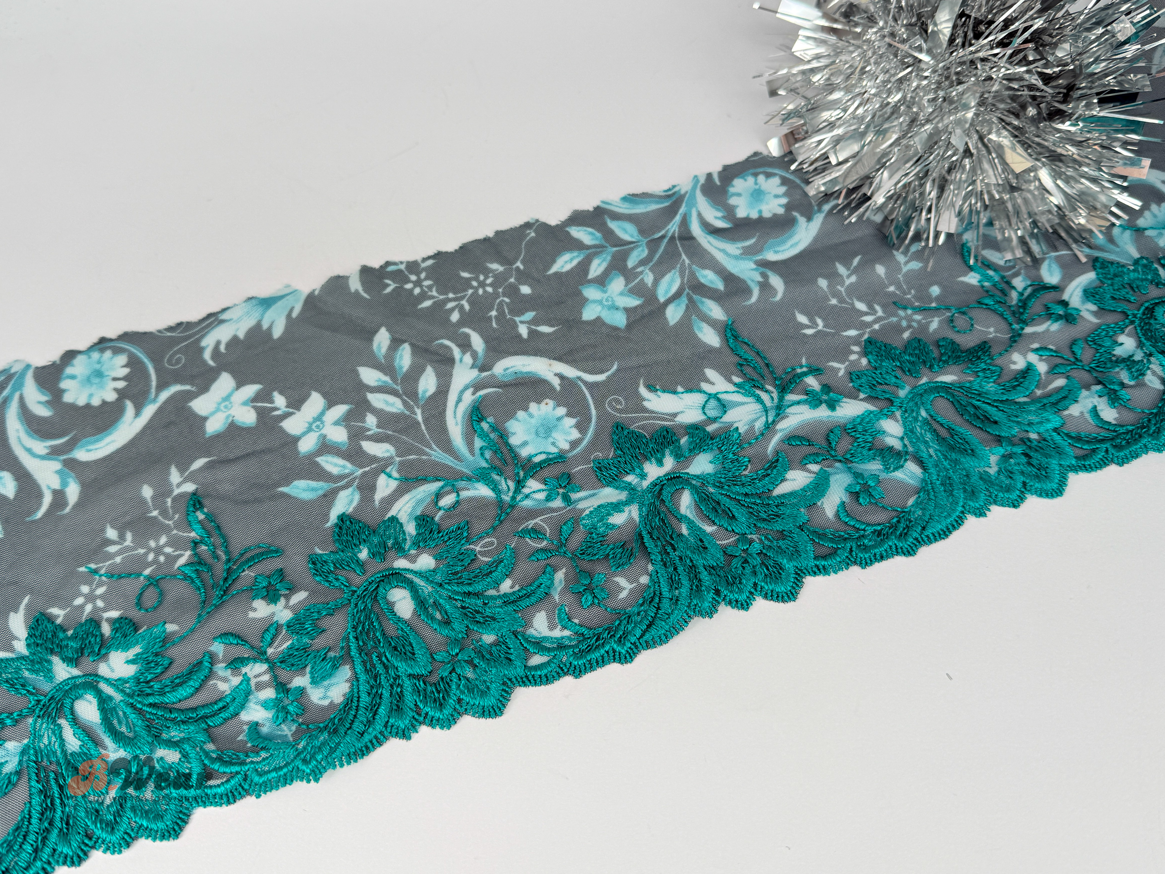 Turquoise black non-stretch lace with pattern - 16 cm