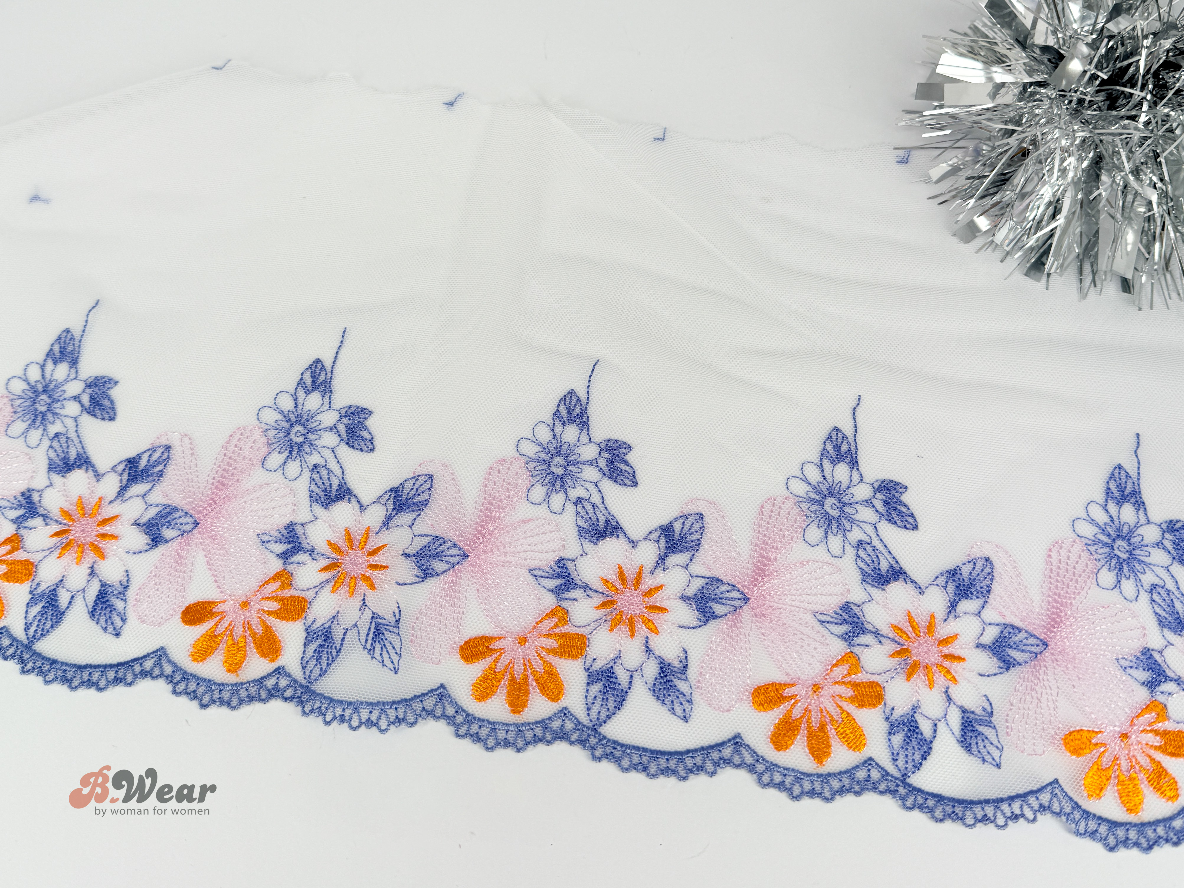 Non stretch lace with pink, yellow and blue-purple flowers - 3